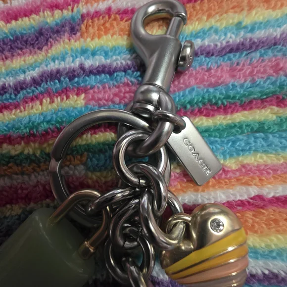 Coach Pink Key Charm with Green Lock and Yellow-Striped Heart - Picture 3 of 6